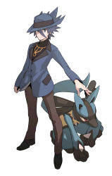 Rule 34 | 1boy, absurdres, black hair, black shirt, blue headwear, blue jacket, brown pants, buttons, closed mouth, commentary request, creatures (company), game freak, gen 4 pokemon, hat, highres, jacket, korean commentary, long sleeves, lucario, male focus, nintendo, outstretched arm, pants, pokemon, pokemon (creature), pokemon dppt, redlhzz, riley (pokemon), shirt, shoes, short hair, spiked hair, standing
