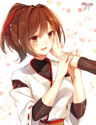 Rule 34 | 10s, 1girl, :d, brown eyes, brown hair, flower, hand on another&#039;s cheek, hand on another&#039;s face, ise (kancolle), japanese clothes, kantai collection, looking at viewer, one-hour drawing challenge, open mouth, ponytail, ribbon-trimmed sleeves, ribbon trim, short hair, signature, simple background, smile, solo focus, toosaka asagi, white background