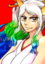 Rule 34 | &gt;:), 1girl, bare shoulders, blue hair, closed mouth, colorful, curled horns, earrings, eyelashes, floating hair, green hair, grey hair, hair ornament, hair stick, high ponytail, hoop earrings, horns, japanese clothes, jewelry, kataginu, long hair, looking at viewer, multicolored hair, one piece, oni, orange eyes, red background, sidelocks, simple background, smile, solo, tamo (mutasame1142), upper body, v-shaped eyebrows, yamato (one piece), yellow horns