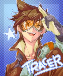 Rule 34 | 1girl, ;d, aviator sunglasses, character name, checkered background, commentary request, glasses, gloves, goggles, highres, one eye closed, open mouth, overwatch, overwatch 1, salute, short hair, smile, solo, sunglasses, tracer (overwatch), upper body, yoshitsuki