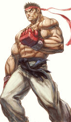 Rule 34 | 1boy, abs, angry, bingoman, black hair, blank eyes, cheekbones, clenched hand, dougi, facing ahead, feet out of frame, forked eyebrows, headband, highres, male focus, muscular, muscular male, pectorals, red headband, ryu (street fighter), short hair, solo, standing, street fighter, thick eyebrows, topless male, veins, veiny arms