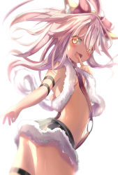 Rule 34 | 1girl, :d, animal ears, ass, bare shoulders, bell, black legwear, black skirt, blush, bow, breasts, brown eyes, chloe von einzbern, commentary request, cowboy shot, dangeroes beast (chloe), dark-skinned female, dark skin, fang, fate/kaleid liner prisma illya, fate (series), finger to mouth, fur-trimmed skirt, fur trim, hair bell, hair between eyes, hair bow, hair ornament, highres, jingle bell, long hair, looking at viewer, looking to the side, natuna natu, nipple slip, nipples, o-ring, open mouth, pleated skirt, red bow, silver hair, simple background, skirt, small breasts, smile, solo, thigh strap, very long hair, white background