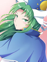 Rule 34 | 1girl, blue capelet, blue headwear, bow, capelet, cloak, green eyes, green hair, hat, hat bow, hat ribbon, highres, long hair, looking at viewer, looking back, material-piece, mima (touhou), parted bangs, pink background, portrait, ribbon, simple background, sun print, touhou, touhou (pc-98), white sleeves, wizard hat