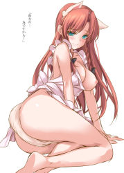 Rule 34 | 1girl, animal ears, apron, ass, blush, bow, braid, breast slip, breasts, cat ears, cat tail, hair bow, hong meiling, kemonomimi mode, large breasts, long hair, looking at viewer, monety, naked apron, nipples, one breast out, red hair, simple background, solo, tail, tail censor, touhou, translation request, twin braids, white background