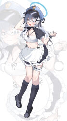 Rule 34 | 1girl, absurdres, apron, black footwear, black socks, blue archive, blue eyes, blue halo, blue headwear, blush, chain, collarbone, cuffs, frilled apron, frills, full body, grey hair, hair between eyes, hair over eyes, halo, hat, highres, inapple, kneehighs, long hair, looking at viewer, maid apron, multiple views, navel, open mouth, police hat, puffy short sleeves, puffy sleeves, shackles, shoes, short sleeves, simple background, smile, socks, valkyrie police academy student (blue archive), waist apron, white apron, white background, zoom layer
