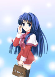 Rule 34 | 1girl, blue eyes, blue hair, kanon, long hair, minase nayuki, school uniform, solo, thighhighs, yuzuki karin