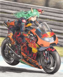 Rule 34 | 1girl, 2021, biker clothes, bikesuit, black footwear, black gloves, bodysuit, character name, chinese zodiac, colored pencil (medium), day, energy barrier, ex-keine, expressionless, gloves, green hair, highres, horn ornament, horn ribbon, horns, kamishirasawa keine, ktm ag, long hair, looking to the side, michelin, michelin man, motor vehicle, motorcycle, outdoors, racetrack, red bull, red eyes, red pond, ribbon, solo, sponsor, touhou, traditional media, year of the ox