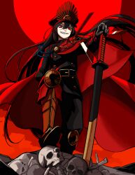 Rule 34 | 1girl, badnick69 (camchi), black headwear, chain, commentary request, family crest, fate/grand order, fate (series), hat, highres, holding, holding sword, holding weapon, korean commentary, long hair, long sleeves, military hat, oda nobunaga (fate), oda nobunaga (koha-ace), oda uri, peaked cap, red background, red eyes, sharp teeth, smirk, sword, teeth, weapon
