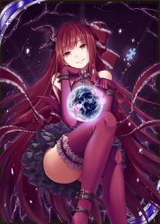Rule 34 | 1girl, absurdly long hair, akkijin, black dress, broken, broken glass, darkness, demon horns, dress, earth (planet), glass, horns, legs, long hair, looking at viewer, planet, puzzle, puzzle piece, red dress, red eyes, red hair, red thighhighs, shinkai no valkyrie, sitting, solo, thighhighs, thighs, very long hair