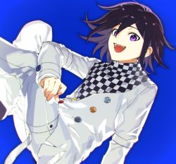 Rule 34 | 1boy, :d, black hair, blue background, buttons, checkered clothes, checkered scarf, commentary request, danganronpa (series), danganronpa v3: killing harmony, double-breasted, from side, grey jacket, jacket, kotneciii, long sleeves, looking at viewer, open mouth, oma kokichi, pants, purple eyes, scarf, smile, solo, teeth, upper teeth only, white pants