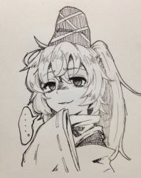 Rule 34 | ..., 1girl, commentary request, efukei, greyscale, hair between eyes, hat, long hair, looking at viewer, monochrome, mononobe no futo, ribbon-trimmed sleeves, ribbon trim, sleeves past wrists, smirk, solo, speech bubble, spoken ellipsis, tate eboshi, touhou, traditional media, upper body, wide sleeves