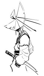 Rule 34 | 1boy, commentary request, damaged, faceless, faceless male, from side, genshin impact, hat, highres, japanese clothes, kimono, long sleeves, male focus, minimalism, mitsubamushi coreless, monochrome, nobushi (genshin impact), samurai, shaded face, simple background, solo, standing, sword, torioigasa, weapon, white background