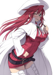 Rule 34 | 1girl, aty, blue eyes, breasts, cm7, cowboy shot, dress, female focus, glasses, hat, red hair, sanafqp, simple background, solo, standing, summon night, summon night 3, white background