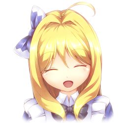 Rule 34 | 1girl, ahoge, arisugawa nao, blonde hair, blue bow, bow, close-up, closed eyes, hair between eyes, hair bow, hair intakes, happy, josephine (twin tail rabbit), long hair, necktie, open mouth, original, simple background, smile, solo, white background