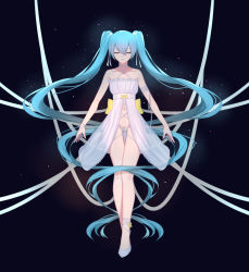 Rule 34 | 1girl, absurdly long hair, ankle strap, arm strap, babydoll, bad id, bad pixiv id, bare arms, bare legs, bare shoulders, black background, blue hair, bow, bow panties, collarbone, commentary request, criss-cross halter, cross-laced clothes, frills, full body, gradient background, hair between eyes, hair ribbon, halterneck, hatsune miku, highres, light smile, long hair, navel, no socks, panties, parted lips, ribbon, see-through, solo, thigh gap, twintails, underwear, underwear only, user awm7451, very long hair, vocaloid, white footwear, white panties, white ribbon, yellow bow