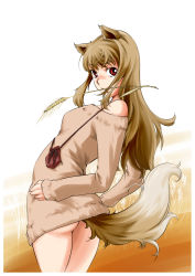 Rule 34 | 1girl, animal ears, bad id, bad pixiv id, bottomless, brown hair, highres, holo, long hair, mouth hold, naked sweater, no panties, off shoulder, pouch, red eyes, saitou sakae, solo, spice and wolf, sweater, tail, wheat, wolf ears, wolf tail