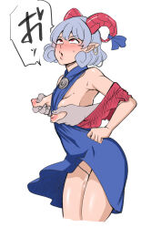 Rule 34 | 1girl, bare shoulders, blue dress, blue hair, blue ribbon, blush, breasts, clenched hands, commentary request, cropped legs, curly hair, detached sleeves, disembodied hand, dress, earrings, eyelashes, grabbing, grabbing another&#039;s breast, highres, horn ornament, horn ribbon, horns, jewelry, lips, medium breasts, nipple pull, nipple stimulation, nipples, no panties, open mouth, pointy ears, puckered lips, pussy juice, red eyes, red horns, red sleeves, ribbon, rolling eyes, sheep horns, shiraue yuu, short hair, speech bubble, sweatdrop, touhou, toutetsu yuuma, translation request, white background