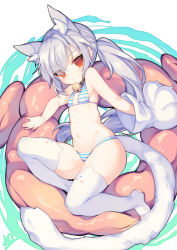Rule 34 | 1girl, animal hands, ao jun, bell, bikini, breasts, closers, collar, eyebrows, gloves, jingle bell, long hair, navel, neck bell, no nose, no pupils, paw gloves, ponytail, red eyes, silver hair, single toe, small breasts, solo, striped bikini, striped clothes, swimsuit, thighhighs, tina (closers), toeless legwear, toes, very long hair, white thighhighs