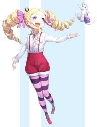 Rule 34 | 1girl, absurdres, beatrice (re:zero), blonde hair, blue eyes, commission, drill hair, full body, hair ornament, hair ribbon, highres, m.tokotsu, open mouth, pantyhose, pixiv commission, puck (re:zero), ribbon, simple background, smile, striped clothes, striped pantyhose, symbol-shaped pupils, teeth, twin drills