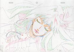 Rule 34 | 1girl, breasts, cleavage, color trace, earrings, highres, jewelry, long hair, macross, macross frontier, macross frontier: itsuwari no utahime, production art, sheryl nome, sketch, solo