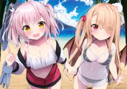 Rule 34 | 2girls, absurdres, ahoge, bare shoulders, beach, bikini, black bikini, borrowed character, braid, breasts, brown hair, cleavage, cloud, collarbone, day, demon wings, eyes visible through hair, hair over one eye, hair ribbon, halterneck, highres, holding hands, index finger raised, jacket, long hair, long sleeves, looking at viewer, medium breasts, multiple girls, navel, ocean, off shoulder, one side up, open mouth, original, outdoors, parted lips, pink hair, red eyes, red jacket, ribbon, sasahara wakaba, scan, see-through, shirt, side-tie bikini bottom, smile, stomach, stuffed animal, stuffed rabbit, stuffed toy, swimsuit, two side up, very long hair, white bikini, wings, wristband, yellow eyes