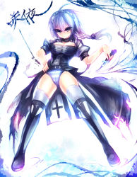 Rule 34 | 1girl, alternate costume, between fingers, blue eyes, braid, breasts, character name, cleavage, female focus, highres, holding, izayoi sakuya, knife, maid, maid headdress, mamuru, panties, short hair, silver hair, solo, striped clothes, striped panties, thighhighs, throwing knife, touhou, twin braids, underwear, weapon