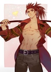 Rule 34 | 1boy, abs, belt, chalice, coattails, cup, fate/grand order, fate (series), chalice, grey pants, jacket, li shuwen (fate), li shuwen (fate/grand order), li shuwen (young) (fate), li shuwen (young) (third ascension) (fate), male focus, manly, open clothes, open jacket, pants, polearm, ponytail, red hair, red jacket, solo, tansaninryou, weapon