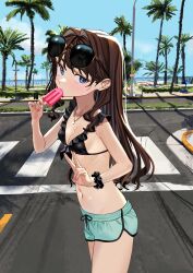 Rule 34 | 1girl, 3:, absurdres, aqua shorts, armpit crease, bare arms, bare shoulders, bikini, bikini top only, black bikini, black scrunchie, blue eyes, blue sky, blush, breasts, brown hair, cleavage, closed mouth, cloud, collarbone, cowboy shot, crosswalk, day, dolphin shorts, drawstring, eating, elisia valfelto, eyebrows hidden by hair, eyewear on head, fingernails, food, frilled bikini, frills, from side, front-tie bikini top, front-tie top, groin, hair behind ear, hair intakes, hands up, highres, holding, holding food, holding ice cream, horizon, hot, ice cream, jewelry, lamppost, long hair, looking at viewer, looking to the side, luicent, nail polish, navel, necklace, ocean, original, outdoors, palm tree, pedestrian crossing sign, pendant, pink nails, popsicle, road, road sign, scenery, scrunchie, shadow, short shorts, shorts, sideboob, sign, sky, small breasts, solo, standing, stomach, street, summer, sunglasses, sweat, swimsuit, tree, v, walking, water, wrist scrunchie, yellow-framed eyewear
