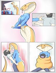 Rule 34 | 1boy, 1girl, ^ ^, balaclava, blue sweater, bottomless, breasts, closed eyes, closed mouth, clothes tug, collar grab, colored skin, comic, english text, faceless, faceless male, forked tongue, furry, furry female, furry with non-furry, gift, grey shirt, happy, hetero, hug, interspecies, kiss, lamia, live hood, long sleeves, long tongue, looking down, medium breasts, monster girl, motion lines, multicolored skin, multiple views, noconcession, orange eyes, outline, red ribbon, reptile girl, ribbon, shirt, short sleeves, sitting, smile, standing, sweat, sweater, sweater tug, tail, tail wrap, tongue, tongue out, trembling, two-tone skin, viper (xcom 2), wavy mouth, white outline, white skin, xcom 2, yellow skin