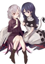 Rule 34 | 2girls, absurdres, braid, doremy sweet, dress, feathered wings, french braid, hat, highres, jacket, kishin sagume, knees together feet apart, lucky chicken, multicolored clothes, multicolored dress, multiple girls, nightcap, one eye closed, pom pom (clothes), purple dress, single wing, sitting, tail, tapir tail, touhou, white dress, white wings, wings, yuri