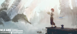 Rule 34 | 1girl, absurdres, ange katrina, ark survival evolved, artist name, book, brown footwear, brown pants, building, closed mouth, commentary, creature, fog, full body, grey shirt, hair ornament, hairclip, highres, holding, holding book, nicporim, nijisanji, pants, profile, red hair, robot, ruins, shirt, short hair, short ponytail, sleeveless, sleeveless shirt, solo, standing, virtual youtuber