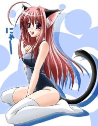 Rule 34 | 1girl, ahoge, animal ears, between legs, black one-piece swimsuit, blush, breasts, cat ears, cat girl, cat tail, female focus, hand between legs, kamiya tomoe, looking at viewer, one-piece swimsuit, open mouth, pink hair, purple eyes, school swimsuit, shadow, sitting, smile, solo, swimsuit, tail, thighhighs, wariza, white thighhighs