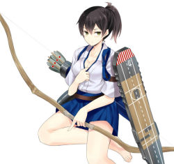 Rule 34 | 10s, 1girl, arrow (projectile), barefoot, black hair, blush, bow (weapon), breasts, cleavage, flight deck, hair between eyes, japanese clothes, kaga (kancolle), kantai collection, looking at viewer, nabeshima tetsuhiro, no legwear, short hair, side ponytail, simple background, skirt, solo, weapon, white background, yellow eyes