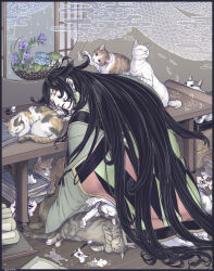 Rule 34 | 1boy, ashiya douman (fate), black hair, book, cat, commentary request, earrings, fate/grand order, fate (series), fish, flower, frog, indoors, japanese clothes, jewelry, kinuttta, long hair, male focus, paintbrush, single earring, sleeping, very long hair