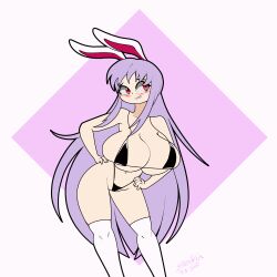 Rule 34 | 1girl, animated, animated gif, bikini, black bikini, blush, bouncing breasts, breasts, female focus, highres, huge breasts, large breasts, long hair, looking at viewer, purple hair, rabbit ears, rabbit girl, red eyes, reisen udongein inaba, solo, standing, swimsuit, thighhighs, thong, touhou, white thighhighs, zedrin