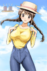 Rule 34 | 1girl, :d, alternate costume, alternate hairstyle, black eyes, blush, braid, breasts, brown hair, cowboy shot, cup, denim, hat, highres, jeans, kinfuji, large breasts, long hair, looking at viewer, open mouth, original, pants, shirt, smile, solo, suspenders, touge chayako, tray, twin braids, yellow shirt, yunomi