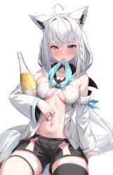 Rule 34 | 1girl, animal ears, antenna hair, ascot, bare shoulders, blush, bottle, braid, breasts, choko (cup), cup, detached sleeves, earrings, fox ears, fox girl, fox tail, highres, hololive, jewelry, kumarang, long hair, looking at viewer, medium breasts, navel, no panties, sake bottle, shirakami fubuki, shirakami fubuki (1st costume), shorts, single braid, single thighhigh, sleeveless, solo, tail, thigh strap, thighhighs, virtual youtuber, white background, white hair, wide sleeves