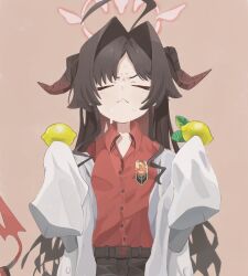 Rule 34 | 1girl, :&lt;, absurdres, ahoge, black hair, black horns, black shorts, blue archive, blush, breasts, brown background, buttons, closed eyes, closed mouth, coat, collared shirt, demon horns, food, fruit, hair intakes, highres, horns, kasumi (blue archive), lab coat, lemon, long hair, naaga sonomono, red shirt, shirt, shirt tucked in, shorts, simple background, sleeves past fingers, sleeves past wrists, small breasts, solo, upper body, white coat