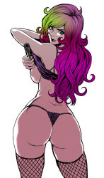 Rule 34 | 1girl, ass, blue eyes, breasts, cowboy shot, curvy, fishnet thighhighs, fishnets, from behind, green hair, gun, handgun, holding, holding gun, holding weapon, huge ass, lipstick, long hair, looking at viewer, lupin iii, makeup, mine fujiko, mole, mole under mouth, multicolored hair, nail polish, narrow waist, purple eyes, red lips, red nails, sideboob, simple background, smile, solo, tabe koji, thighhighs, thighs, thong, two-tone hair, undressing, weapon, white background, wide hips
