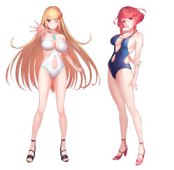 Rule 34 | 2girls, ;), absurdres, alternate costume, arm behind back, arm up, armpits, bare arms, bare legs, bare shoulders, black footwear, blonde hair, blue one-piece swimsuit, blush, breasts, casual one-piece swimsuit, cleavage, closed mouth, clothing cutout, commentary request, dual persona, earrings, full body, gem, gluteal fold, green322, head tilt, high heels, highres, jewelry, large breasts, lips, long hair, long legs, looking at viewer, medium breasts, multiple girls, mythra (xenoblade), navel, navel cutout, nintendo, one-piece swimsuit, one eye closed, outstretched arm, pyra (xenoblade), red eyes, red footwear, red hair, sandals, shiny skin, short hair, sidelocks, simple background, smile, standing, straight hair, swept bangs, swimsuit, thighs, toeless footwear, toes, v-shaped eyebrows, very long hair, white background, white one-piece swimsuit, xenoblade chronicles (series), xenoblade chronicles 2, yellow eyes
