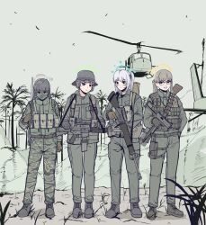 Rule 34 | 40mm grenade, 4girls, aircraft, assault rifle, bandolier, blue archive, camouflage, camouflage pants, facepaint, glasses, gloves, gun, halo, helicopter, highres, holding, holding gun, holding weapon, jungle, looking at viewer, m16, military uniform, miyako (blue archive), miyu (blue archive), moe (blue archive), multiple girls, nature, pants, parabellum, rabbit platoon (blue archive), rifle, saki (blue archive), sniper rifle, submachine gun, trigger discipline, uh-1 iroquois, uniform, united states army, vietnam war, weapon