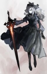 Rule 34 | 1girl, absurdres, black capelet, black dress, black footwear, black gloves, black headwear, black veil, capelet, dress, expressionless, fate/grand order, fate (series), full body, funeral dress, gloves, grey eyes, hair over one eye, highres, holding, holding sword, holding weapon, kriemhild (fate), lace trim, long hair, long sleeves, puffy long sleeves, puffy sleeves, solo, standing, sword, typtypss, veil, watercolor effect, weapon, white background, white hair