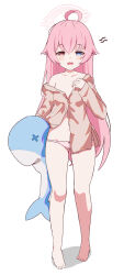 Rule 34 | 1girl, absurdres, ahoge, alternate costume, bare shoulders, barefoot, blue archive, blue eyes, bow, bow panties, commentary request, full body, hair between eyes, halo, highres, holding, holding stuffed toy, hoshino (blue archive), long hair, looking at viewer, off shoulder, panties, pink panties, pink skirt, revision, shirt, short sleeves, sidelocks, simple background, skirt, solo, stomach, stuffed animal, stuffed toy, stuffed whale, tears, toroi jd, underwear, white background
