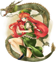 Rule 34 | 1girl, :&lt;, bad id, bad pixiv id, braid, dragon, eastern dragon, female focus, fighting stance, green eyes, hair ribbon, hat, hong meiling, immaterial and missing power, long hair, michii yuuki, red hair, ribbon, solo, star (symbol), touhou, twin braids, twintails, very long hair