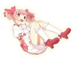 Rule 34 | 10s, 1girl, animal, animal hug, bad id, bad pixiv id, blush, bow, ettamu, footwear ribbon, full body, gloves, hair bow, kaname madoka, kyubey, magical girl, mahou shoujo madoka magica, mahou shoujo madoka magica (anime), open mouth, pink eyes, pink hair, shoes, short hair, short twintails, smile, thighhighs, transparent background, twintails