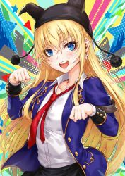 Rule 34 | 1girl, :d, black headwear, blonde hair, blue eyes, blue jacket, blush, commentary request, hair between eyes, hand up, highres, jacket, long hair, long sleeves, looking at viewer, necktie, open clothes, open jacket, open mouth, original, paw pose, pom pom (clothes), red necktie, sakiyamama, shirt, smile, solo, upper body, very long hair, white shirt, wing collar