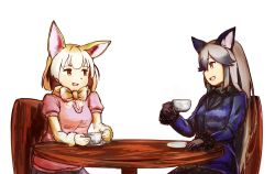 Rule 34 | 10s, 2girls, :d, animal ears, bad id, bad pixiv id, black gloves, black neckwear, blonde hair, blue jacket, bow, bowtie, chair, cup, eye contact, fennec (kemono friends), fox ears, fur trim, gloves, grey hair, hand on table, holding, holding cup, jacket, kemono friends, long hair, long sleeves, looking at another, multiple girls, necktie, open mouth, plate, short sleeves, silver fox (kemono friends), simple background, sitting, smile, steam, table, tamiku (shisyamo609), very long hair, white background, yellow eyes, yellow neckwear