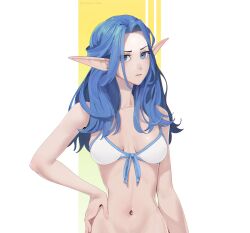 Rule 34 | 1girl, absurdres, artist name, bikini, blue eyes, blue hair, breasts, cleavage, collarbone, commentary, commission, english commentary, hair over one eye, hand on own hip, highres, krita (medium), long hair, looking at viewer, navel, original, out-of-frame censoring, qederapawn, solo, standing, swimsuit, white bikini