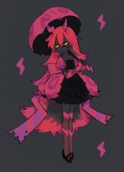 Rule 34 | 1girl, antennae, black eyes, black skin, blush, choker, colored sclera, colored skin, commentary request, creatures (company), elbow gloves, full body, game freak, gen 5 pokemon, gloves, horns, long hair, looking away, nintendo, oimo (14sainobba), parasol, personification, pink hair, pokemon, puffy dress, puffy sleeves, scolipede, solo, umbrella, very long hair, yellow sclera