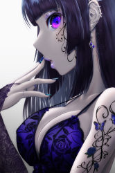 Rule 34 | 1girl, absurdres, arm tattoo, bare shoulders, black hair, blue nails, bra, breasts, bridal gauntlets, commentary, ear piercing, earrings, eye focus, facial tattoo, highres, jewelry, large breasts, lipstick, looking at viewer, makeup, nail polish, original, parted lips, piercing, purple bra, purple eyes, purple lips, ring, solo, tattoo, thirukin, underwear, upper body, white background